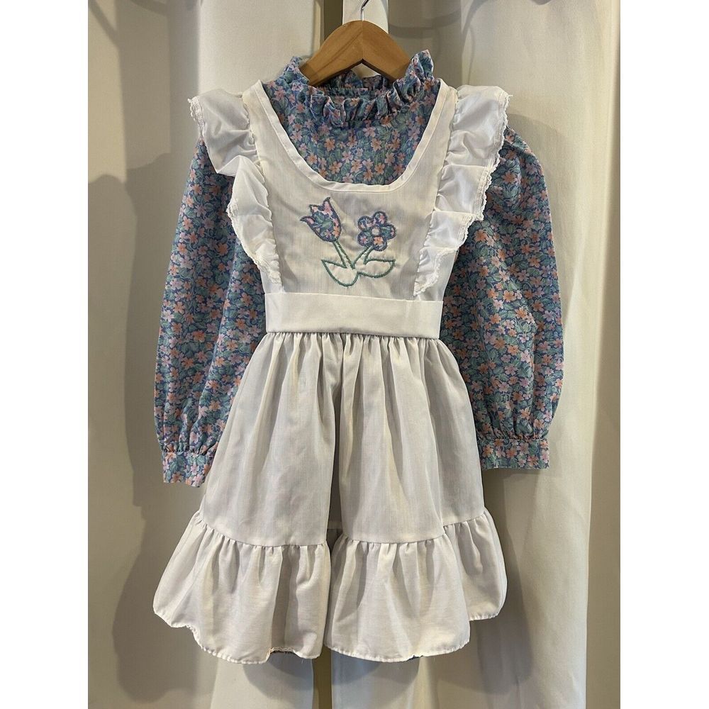 Vintage 1980's Winnie The Pooh Girls Floral Dress White Pinafore Size 5 USA Made